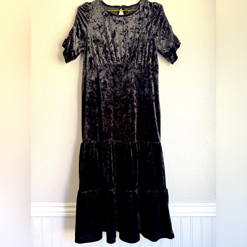 Women’s Crushed Velvet Maxi Dress Tiered Short Sleeve Gothic Whimsigoth Sz:M
